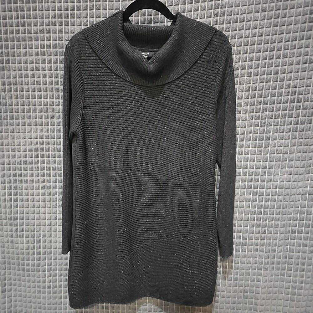 Ribbed Sparkle Sweater Tunic Dress SzLg Alfani Cowl Neck Charcoal Soft Stretch